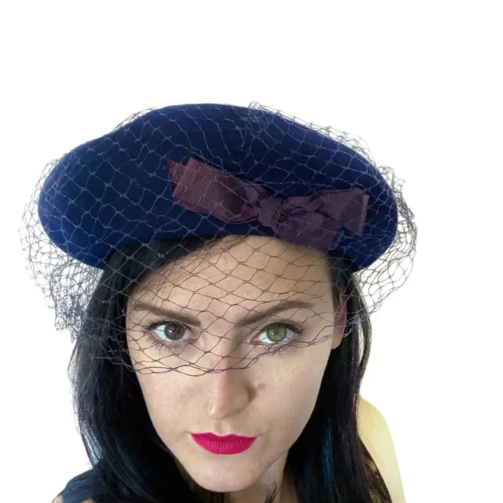 Vintage Glencove Navy Blue & Purple 100% Wool Bumper Beret Hat - Picture 1 of 8